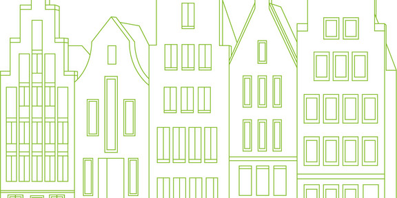 Drawing of houses in green on a white background.